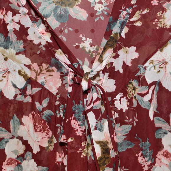 Plus Size 1X Ember Burgundy Vintage Style Floral Semi-Sheer Tie-Front Tank - Picture 5 of 11